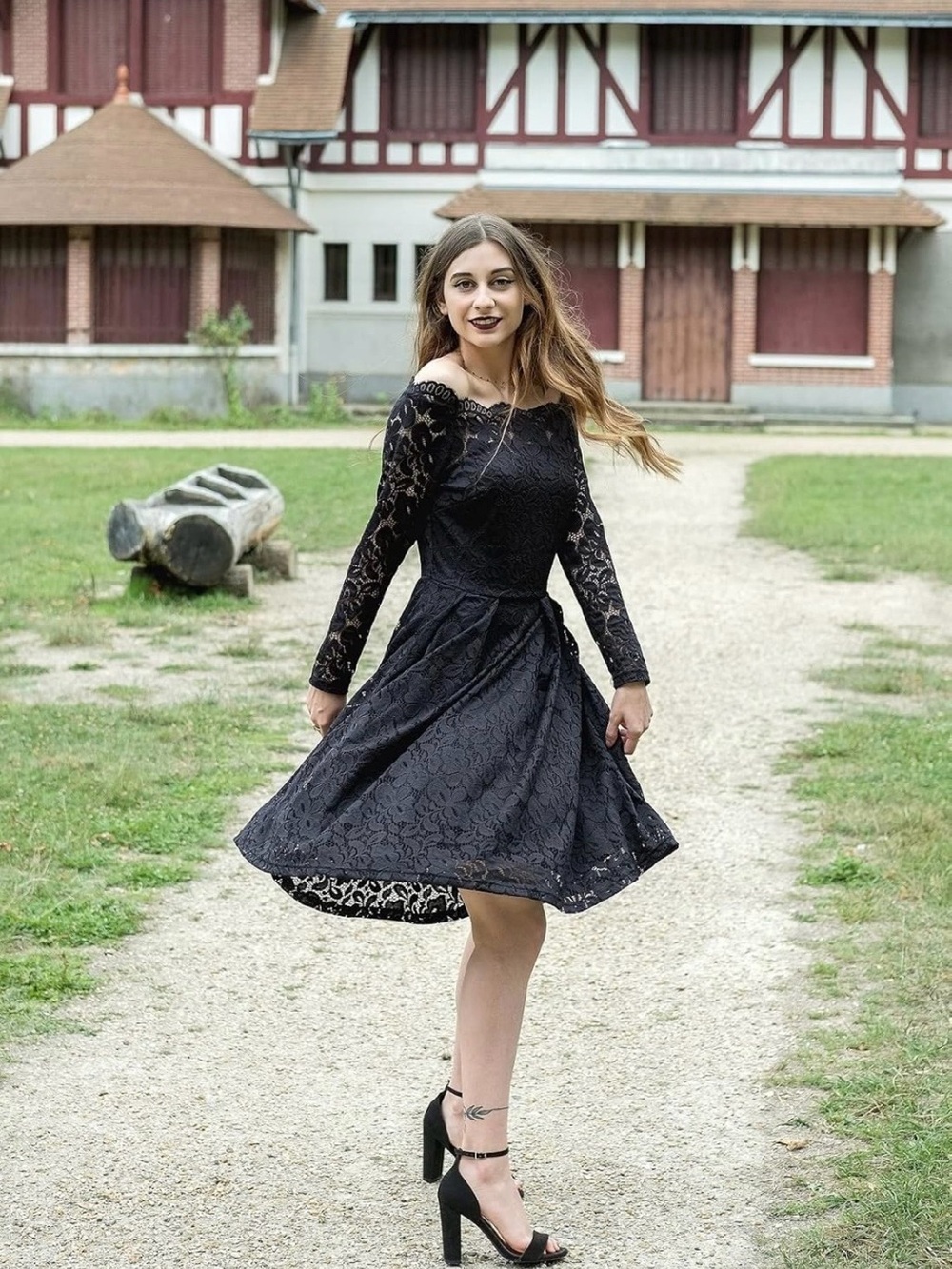 Women's Black Lace Long-Sleeve Fit & Flare Dress